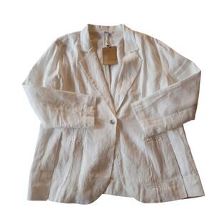 Cream White Linen Flax Blazer Size L One Button Relaxed Jacket NWT